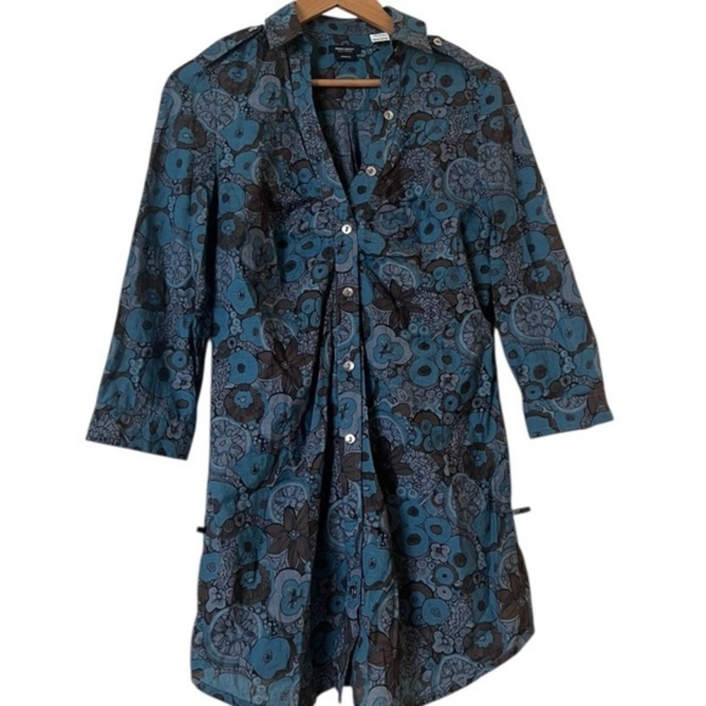 MISS SIXTY Retro Floral Button Front Dress – 100% Cotton -Blue & Brown - S